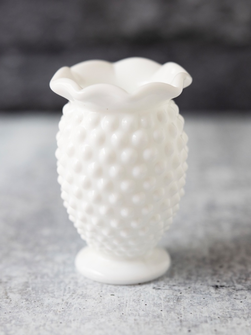 Vintage small white Fenton hobnail ruffled milk glass bud vase 3.75" tall - Picture 4 of 8